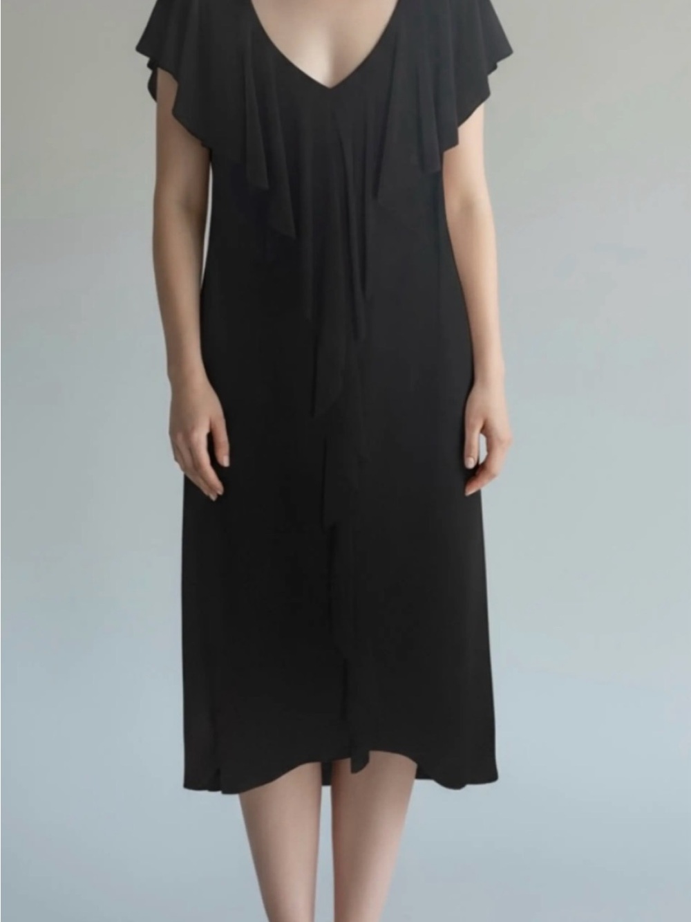 Black V-Neck Midi Dress with Flutter Sleeves and ruffles
